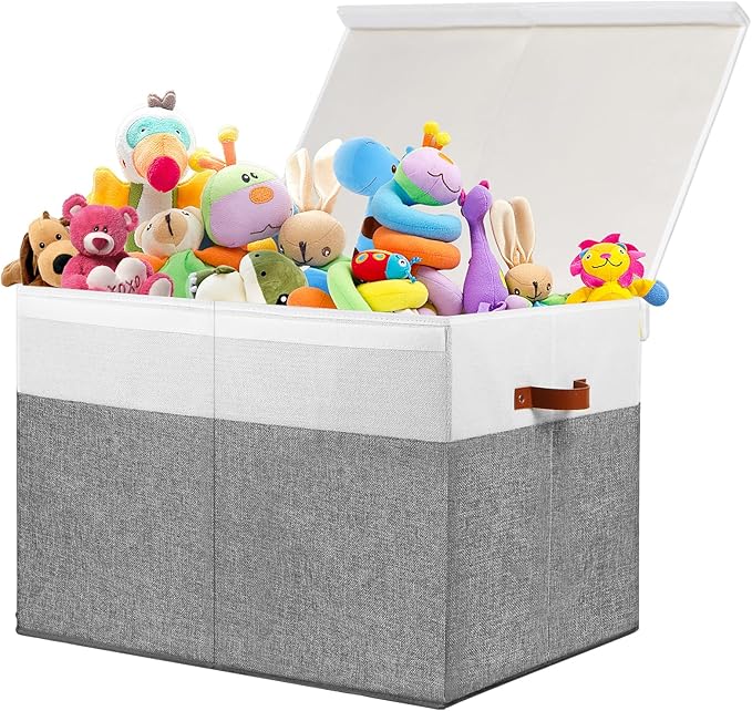 Gowee Large Toy Storage Box with Lid, Sturdy Toys Storage Chest Bin Organizer Basket with Dividers for Kids, Boys, Girls, Nursery, Closet, Bedroom, Playroom 26"x17" x17" (Grey and White)