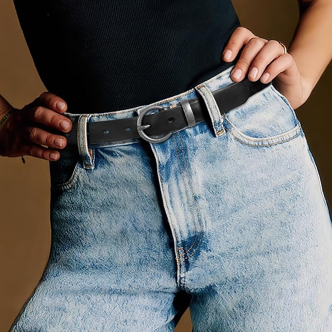 SANSTHS Womens Genuine Leather Belts for Jeans Pants Trendy Vintage Thin Leather Belt Gold Buckle Ladies Skinny Waist Belt