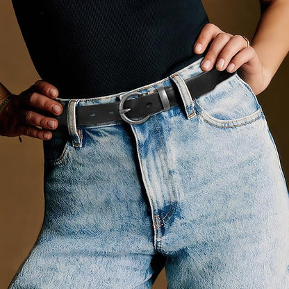 SANSTHS Womens Genuine Leather Belts for Jeans Pants Trendy Vintage Thin Leather Belt Gold Buckle Ladies Skinny Waist Belt