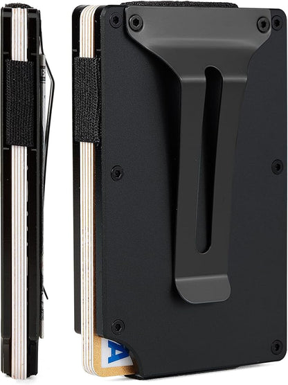 Minimalist Carbon Fiber Wallet for Men, Money Clip Cash Strap Wallet, RFID Blocking Metal Wallet Aluminum Card Holder,Front Pocket Wallet(Matt Black)