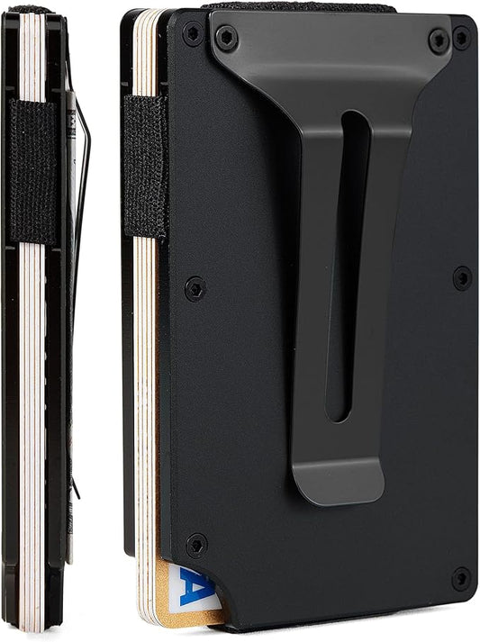 Minimalist Carbon Fiber Wallet for Men, Money Clip Cash Strap Wallet, RFID Blocking Metal Wallet Aluminum Card Holder,Front Pocket Wallet(Matt Black)