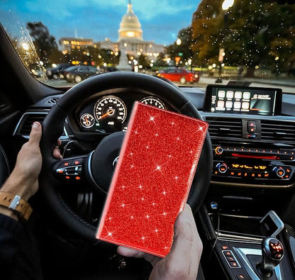 TOURSUIT Car Registration and Insurance Card Holder, Vehicle License Document Glove Box Compartment Organizer, Interior Car Accessories for Women Men Teens (Glitter Red)