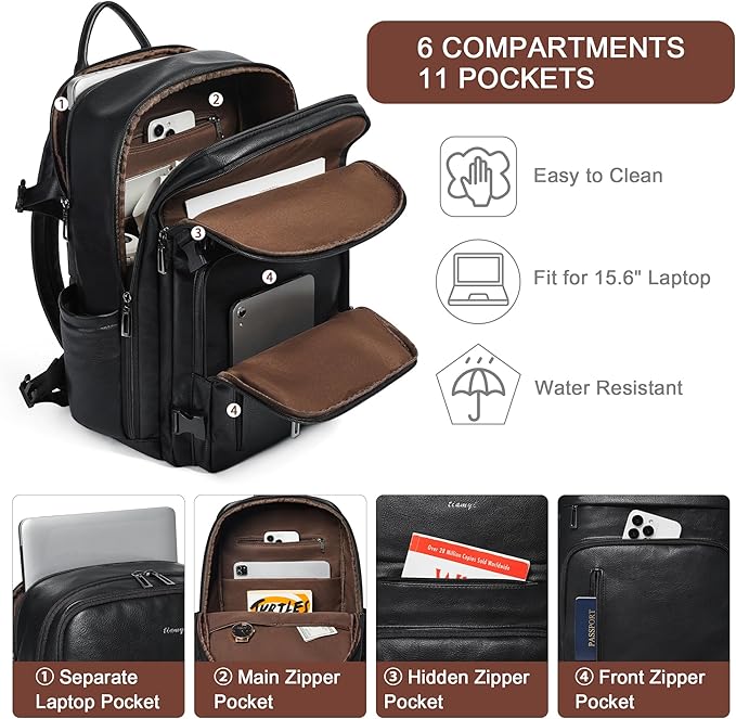 Travel Backpack for Women and Men, Fits 17.0" Laptop, Stylish Lay-Flat Carry-on Vegan Leather Backpack with Luggage Strap for Travel and Daily Use