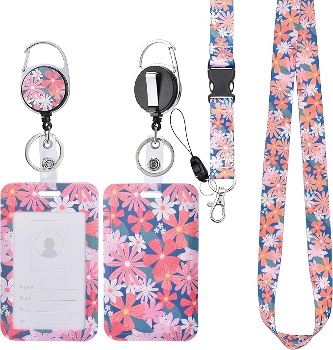 Will Well ID Badge Holder with Retractable Lanyard, Retractable Badge Reel Nylon Lanyard & Vertical ID Card Holder with 1 Card Slot Key Chain for Men & Women - Floral Print
