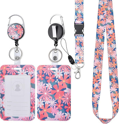 Will Well ID Badge Holder with Retractable Lanyard, Retractable Badge Reel Nylon Lanyard & Vertical ID Card Holder with 1 Card Slot Key Chain for Men & Women - Floral Print
