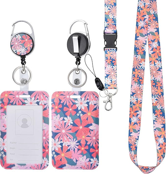 Will Well ID Badge Holder with Retractable Lanyard, Retractable Badge Reel Nylon Lanyard & Vertical ID Card Holder with 1 Card Slot Key Chain for Men & Women - Floral Print