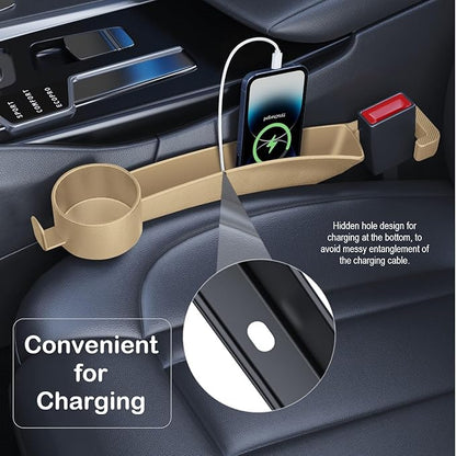 Car Seat Gap Plug with Storage Slot, Auto Gap Filler Organizer with Cup Holder, Universal Carseat Side Gap Filler Strip 2 Pack Between Front Seats & Console, Anti-Drop Pad with Seatbelt Holes, Beige
