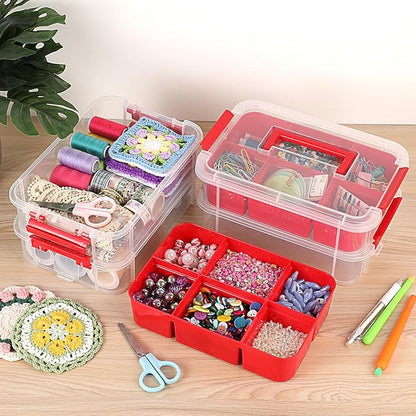 JUXYES 4-Tiers Stack Carry Storage Box With 2 Divided Tray, Transparent Stackable Storage Bin With Handle Lid Latching Storage Container for School & Office Supplies, Red