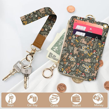 bolimoss Floral Cat Lanyard Wallet, Cute Sunflower Lanyards for ID Badge,ID Badge Holder with Breakaway Neck & Wristlet Lanyard, Pu Leather Zip Id Case Wallet for Women Woker Teacher Nurse