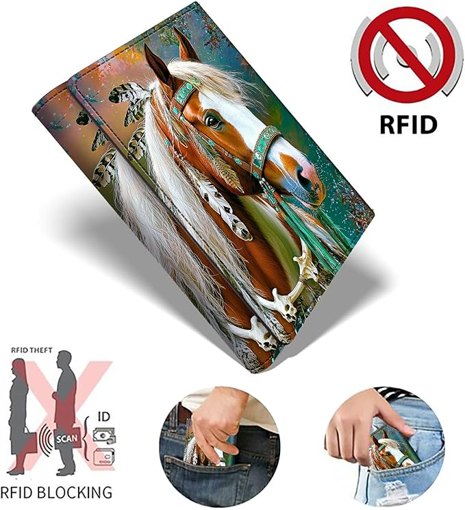 Minimalist Wallet for Men's Card Holders, Pop-Up Card Case Durable Wallets for Women, Leather Automatic Credit Card Holder with Metal Money Clip RFID Blocking Bifold Pocket, Feathered Horse