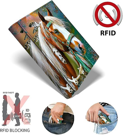 Minimalist Wallet for Men's Card Holders, Pop-Up Card Case Durable Wallets for Women, Leather Automatic Credit Card Holder with Metal Money Clip RFID Blocking Bifold Pocket, Feathered Horse