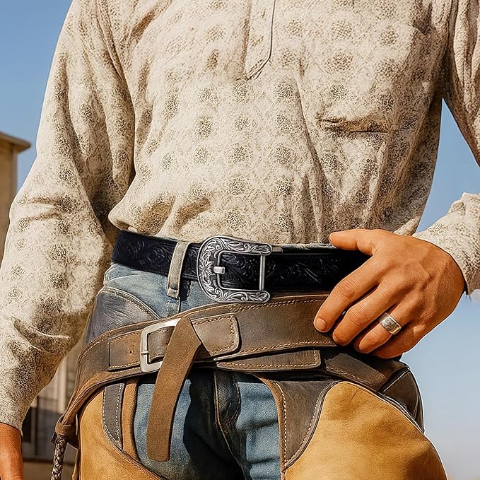 SANSTHS Western Cowboy Ratchet Belts for Men Women Leather Cowboy Belt with Automatic Western Buckle for Jeans Gifts