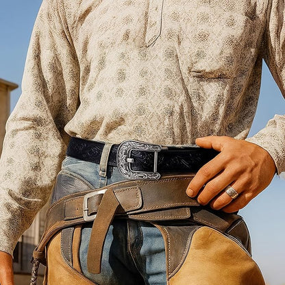 SANSTHS Western Cowboy Ratchet Belts for Men Women Leather Cowboy Belt with Automatic Western Buckle for Jeans Gifts