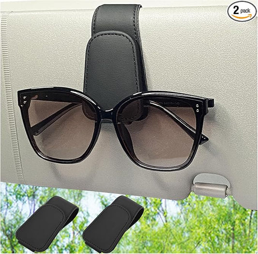 CHOSMOYI 2 Packs Sunglasses Holder for Car, Sunglass Clip for Car Visor, Magnetic Leather Car Eyeglass Holder and Ticket Card Clip, Suitable for Different Size Eyeglasses(Black