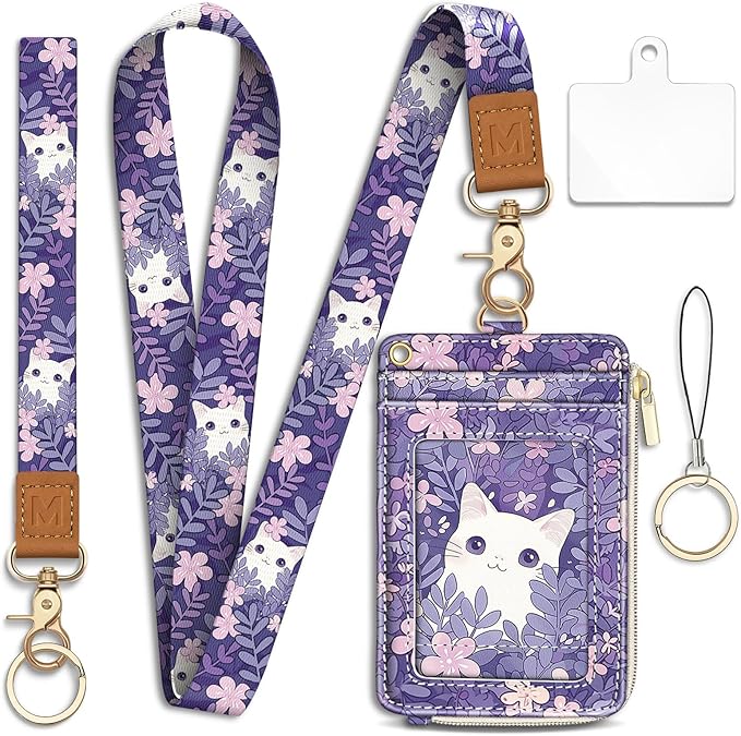 Lanyard Wallet with Id Badge Holder, White Cat RFID Small Keychain Wallet Women Wristlet, Cute Zipper Credit Card Holder Phone Wrist Neck Strap for Key Name Tag, Teacher Student Office Gifts