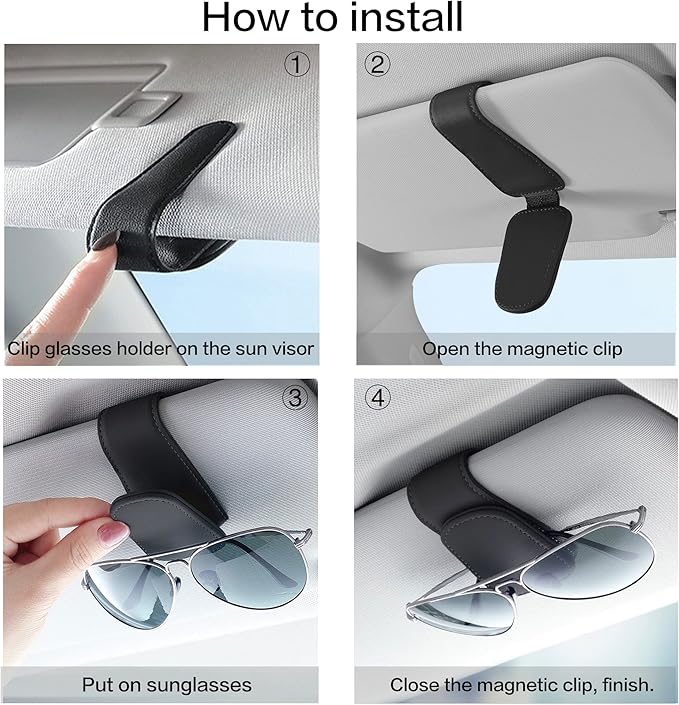 2 Packs Sunglass Holder for Car Sun Visor, Magnetic Eyeglass Hanger Clip for Car Visor, Leather Car Glasses Mount, Car Interior Visor Accessories (Black-2Pcs)