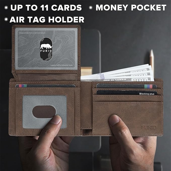 furid Air Tag Wallet Men Slim: Minimalist 2 ID Window RFID Leather Wallets with Airtag Holder - Gifts for Husband Father at Birthday Anniversary