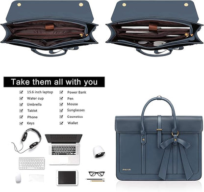 MOSISO Laptop Bag for Women, 15-15.6 inch PU Leather Laptop Shoulder Bags Convertible Backpack, 16 inch Messenger Bags Casual Handbag Work Briefcase Travel Computer Bag with Bowknot, Peacock Blue