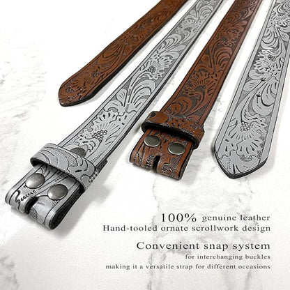 Western Floral Engraved Embossed Tooled Genuine Leather Belt Strap or Belt 1-1/2"(38mm) Wide, Multi-Style Options