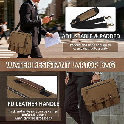 RAINSMORE Messenger Bag for Men, 15.6-17.3 inch Laptop Bag, Canvas Briefcase with Luggage Strap, Satchel for College Work
