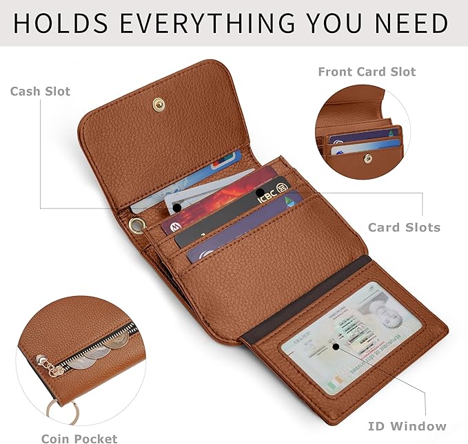 Women Small Wallet RFID Blocking Slim Wallet with Coin Pocket Tri-Fold Credit Card Holder with ID Window and Keychain (Dark Brown)