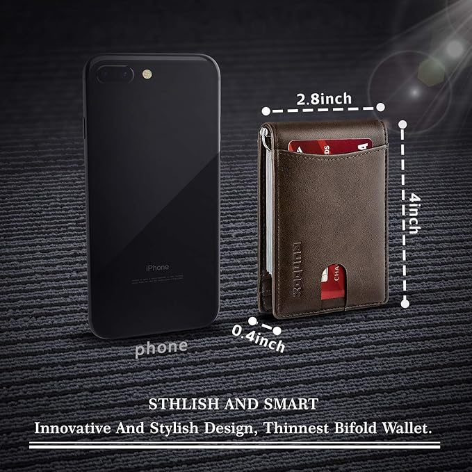 RUNBOX Slim Wallet for Men Genuine Leather RFID Blocking Bifold Minimalist Front Pocket Mens Wallet with Money Clip Thin Gift Box
