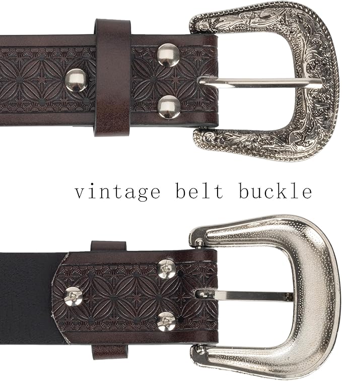 Utaly Men's Casual Leather-Belt, Western-Belt for Women Vintage Carved-Buckle Cowboy-Waist-Belts for Jeans Waist 28"-39"