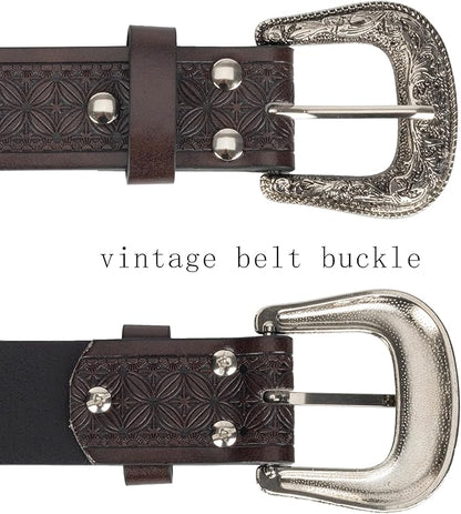 Utaly Men's Casual Leather-Belt, Western-Belt for Women Vintage Carved-Buckle Cowboy-Waist-Belts for Jeans Waist 28"-39"