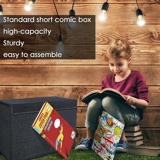 Leffis Comic Book Storage, Box 15.5" X 7.5" X 11.3", Collapsible Comic Short Box with Lids Holds 150 Comics Heavy Duty Comic Book Bin Container (2 pack, black)