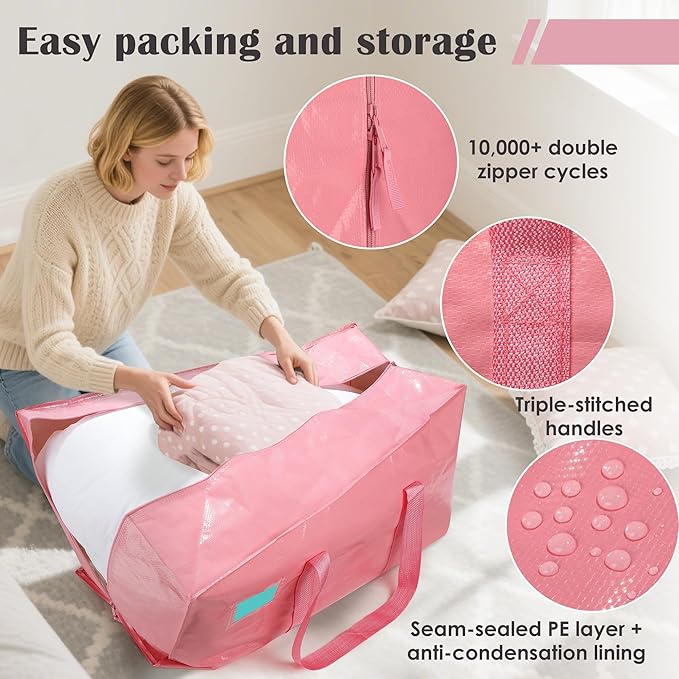 12 Pack Moving Bags with Full-Open Side Zipper, Extra Large 93L Heavy Duty Waterproof Foldable Storage Totes for College Dorm, Moving & Home Organization Pink