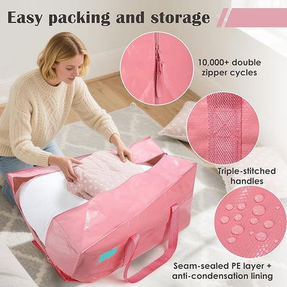 12 Pack Moving Bags with Full-Open Side Zipper, Extra Large 93L Heavy Duty Waterproof Foldable Storage Totes for College Dorm, Moving & Home Organization Pink