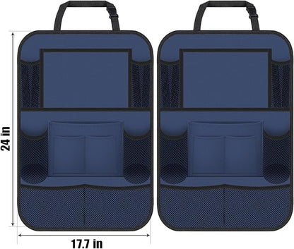 ULEEKA Car Backseat Organizer with 11" Table Holder, 10 Storage Pockets Seat Back Protectors Kick Mats for Kids Toddlers, Travel Accessories, 2 Pack, Blue