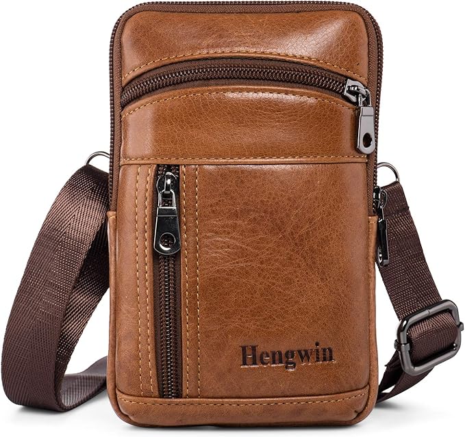 Hengwin Genuine Leather Crossbody Bag for Men/Women, Small Messenger Bag Cell Phone Purse Shoulder Holster Passport Pouch