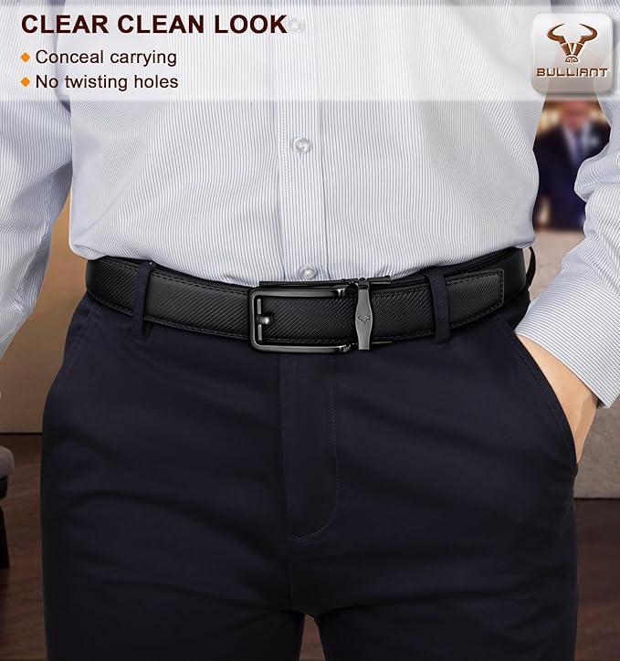 BULLIANT Men Ratchet Belt 2 Pack, Click Sliding Leather Belt Adjustable for Gift Men Dress Casual Jeans 1 3/8,Cut for Fit
