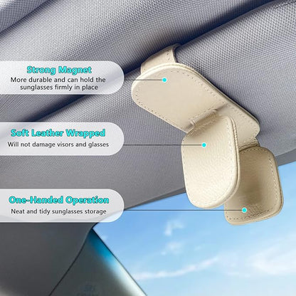 2 Pack Sunglass Holder for Car Visor Clip, Magnetic Leather Eyeglass Hanger Clip for Car, Square Car Visor Accessories (White)