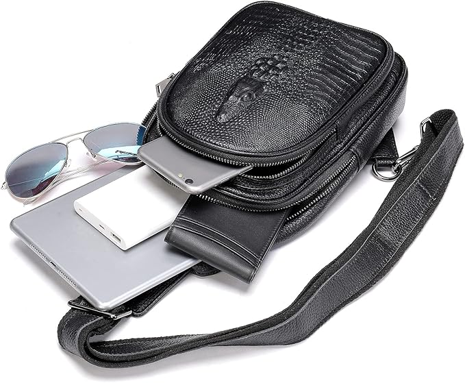 NIUCUNZH Crocodile Leather Sling Bag with Leather Strap, 3 Zipper Crossbody Shoulder Bags for Travel Hike Everyday Carry