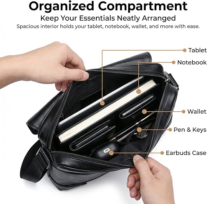 Vintage PU Leather Mens Messenger Bag - Slim Crossbody Shoulder Bag for Work, Travel & Daily Commute Casual Tablet Satchel