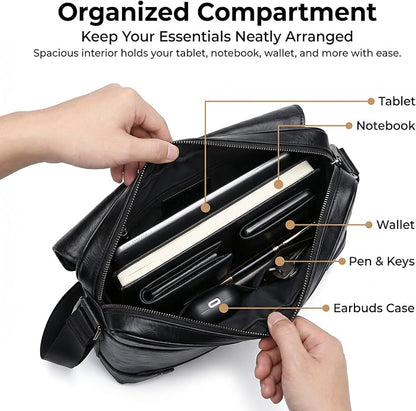 Vintage PU Leather Mens Messenger Bag - Slim Crossbody Shoulder Bag for Work, Travel & Daily Commute Casual Tablet Satchel
