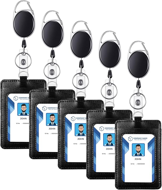 E&EY 5 Set ID Badge Holder Name Card with Retractable Badge Reel Clip Heavy Duty Vertical PU Leather