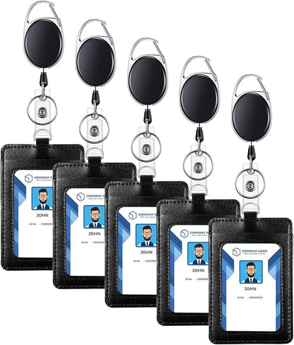 E&EY 5 Set ID Badge Holder Name Card with Retractable Badge Reel Clip Heavy Duty Vertical PU Leather