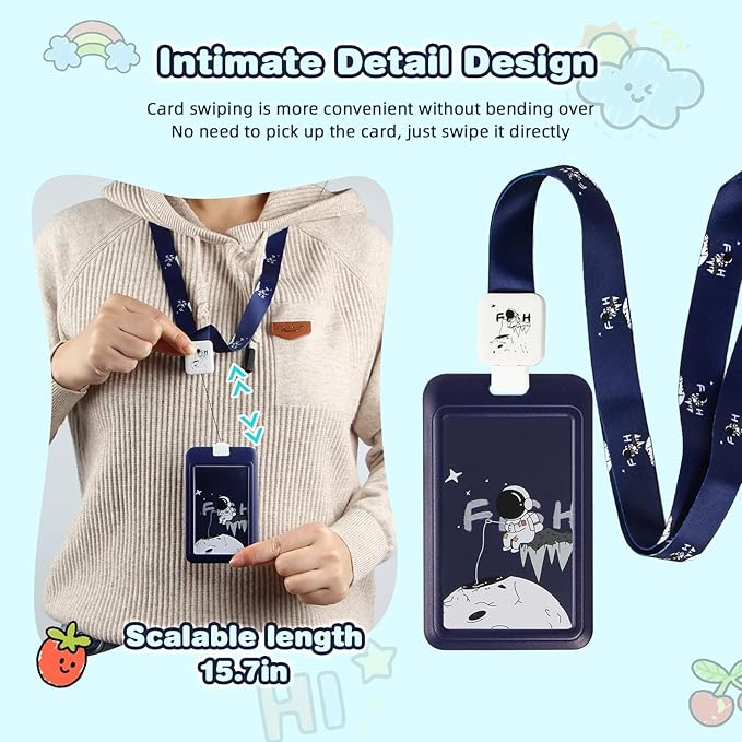 Cute ID Badge Holder with Clip Badge Reels and Lanyards with Badge Reel with 15 inches Pull Cord for School, Teacher, Student, Women, Men (Astronaut)