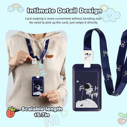 Cute ID Badge Holder with Clip Badge Reels and Lanyards with Badge Reel with 15 inches Pull Cord for School, Teacher, Student, Women, Men (Astronaut)