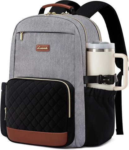 LOVEVOOK Laptop Backpack for Women with Pouch Pocket for Large Capacity Cup,17 Inch Teacher Nurse College Work Travel Backpack Purse,Waterproof Laptop Computer Bags,Grey-Black-Brown+Diamond-shaped
