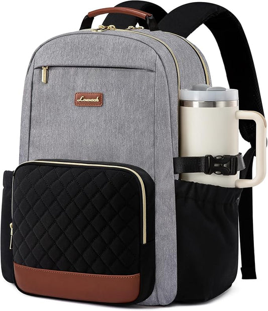 LOVEVOOK Laptop Backpack for Women with Pouch Pocket for Large Capacity Cup,17 Inch Teacher Nurse College Work Travel Backpack Purse,Waterproof Laptop Computer Bags,Grey-Black-Brown+Diamond-shaped