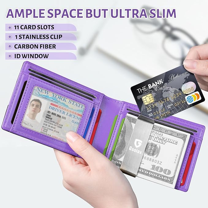 GSOIAX Men's Slim RFID Blocking Leather Wallet with Money Clip | Minimalist Carbon Fiber Bifold Credit Card Holder | 11 Card Slots | Gift Box Included(Carbon Purple)