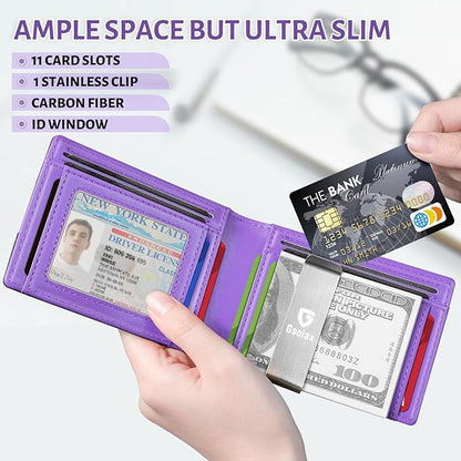 GSOIAX Men's Slim RFID Blocking Leather Wallet with Money Clip | Minimalist Carbon Fiber Bifold Credit Card Holder | 11 Card Slots | Gift Box Included(Carbon Purple)
