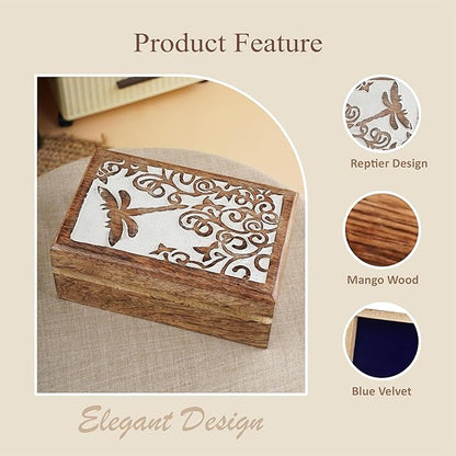 Ajuny Wooden Jewelry Keepsake Box 8x5 Inch – Handcrafted Decorative Treasure Chest for Men & Women, Multipurpose Reptier Carved Wooden Storage Box for Trinkets, Memory, Gifts, and Home Decor