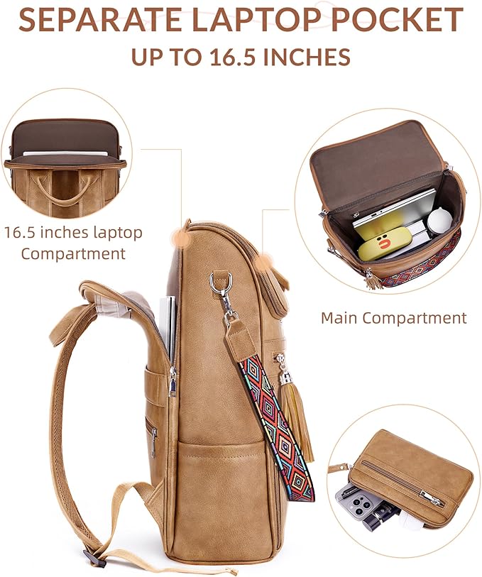 SYTRAH Leather Laptop Backpack for Women Designer Laptop Bag, 16.5 inch Travel Computer Backpacks Purse with Tassel for Work Business with Satchel Purse Camel Brown