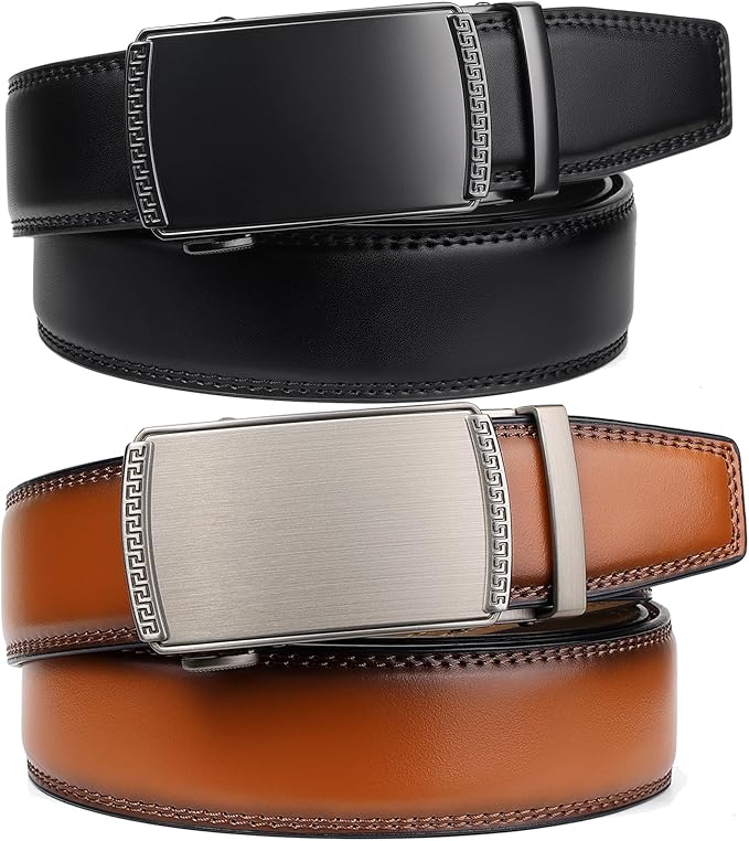 2 Pack Ratchet Belt 1 3/8", Mens leather Dress Belt in Gift Set Size 28"-62" Adjustable waist Trim to Fit