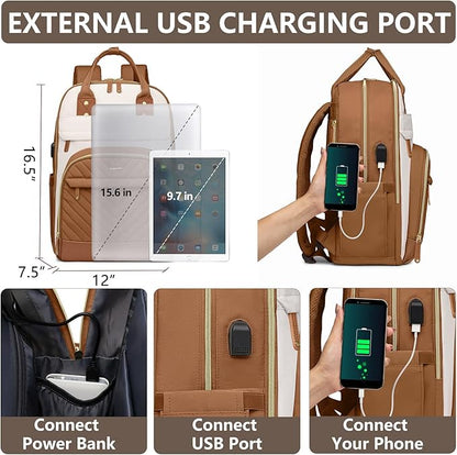 Laptop Backpack for Women Work Bookbag: 15.6 Inch College Backpacks with USB Charger School Book Bag Waterproof Travel Computer Back Pack Anti-Theft Casual Bookbags for Girls Teacher Nurse Beige Brown